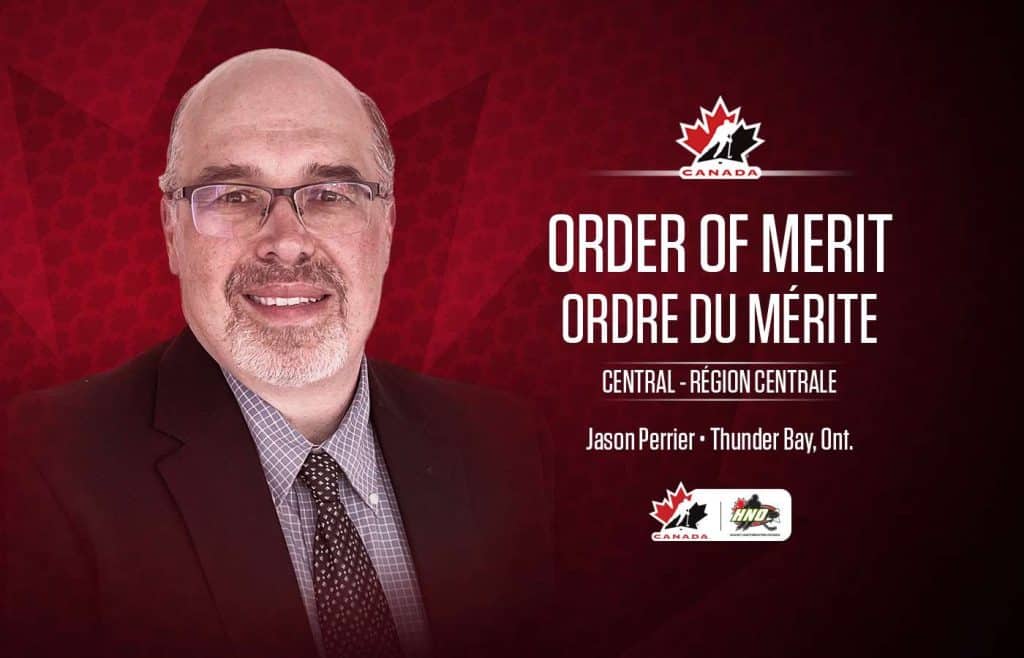 Former HNO President Jason Perrier awarded Hockey Canada's Order of Merit Award.